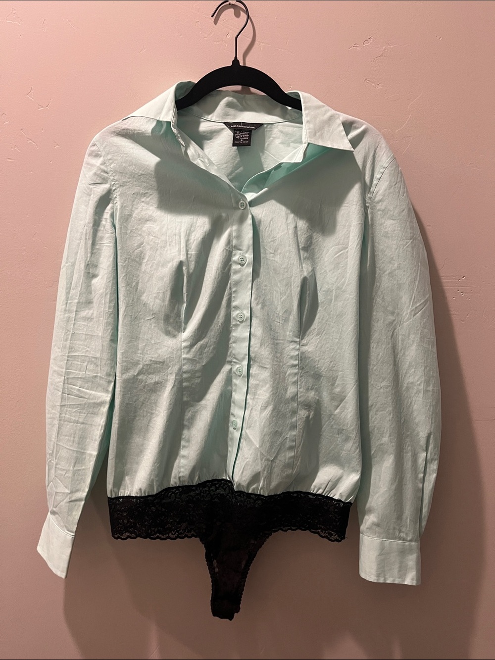 Moda International Mint Green Button-Front Lace-Trim Bodysuit Shirt. Brand New